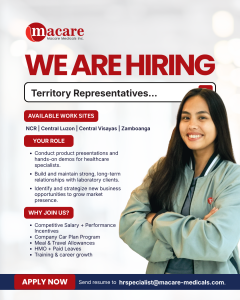 We are hiring territory representatives for Macare Medicals. Available Work Sites: NCR, Central Luzon, Central Visayas, and Zamboanga. Your role: Conduct product presentations and hands-on demos for healthcare specialists.Build and maintain strong, long-term relationships with laboratory clients. Identify and strategize new business opportunities to grow market presence. Why join us? Competitive Salary + Performance Incentives, Company Car Plan Program, Meal & Travel Allowances, HMO + Paid Leaves, Training & career growth. Apply now! Send resume to hrspecialist@macare-medicals.com.